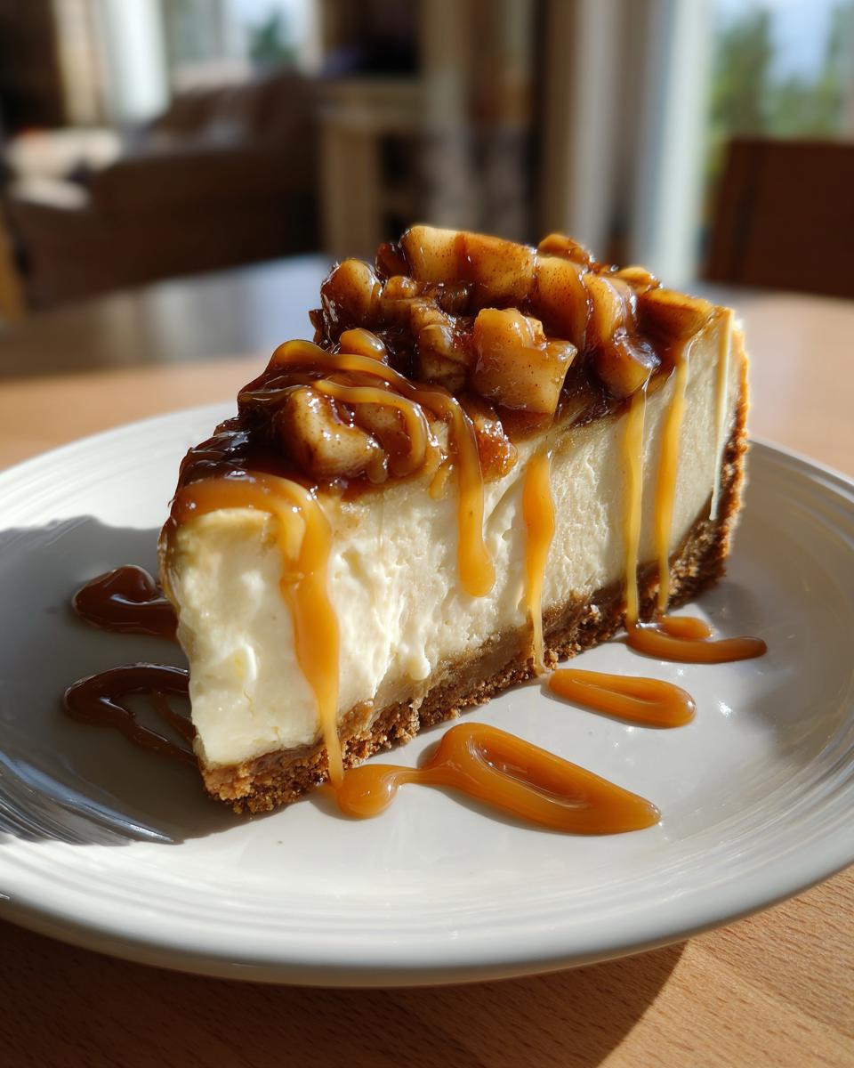 A creamy slice of caramel apple cheesecake drizzled with extra caramel sauce.