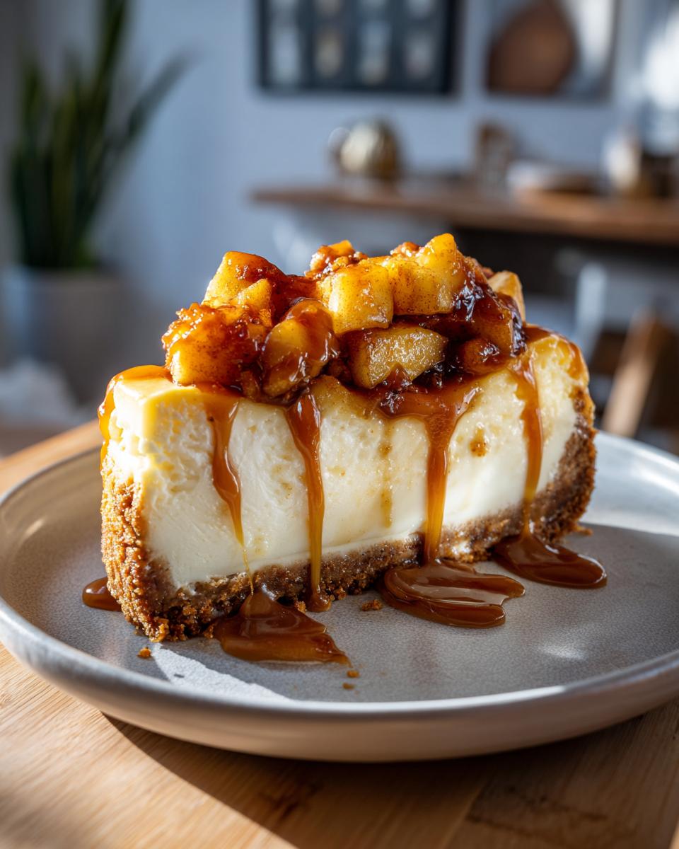 A slice of rich caramel apple cheesecake with a graham cracker crust, topped with spiced apples and drizzled with caramel sauce.