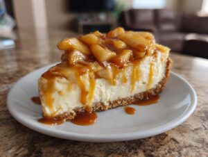 A slice of creamy caramel apple cheesecake topped with spiced apples and drizzled with caramel sauce.