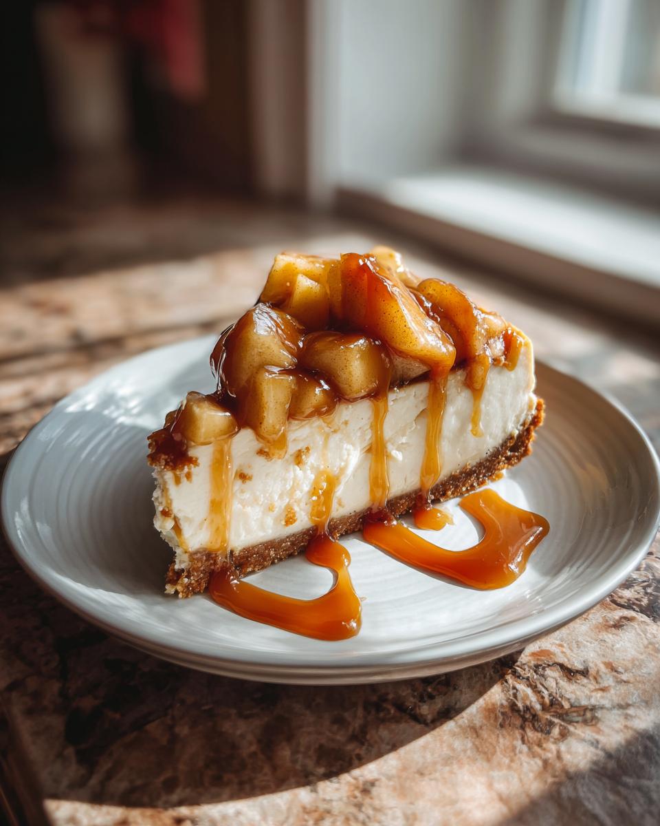 A slice of creamy caramel apple cheesecake topped with warm apple chunks and drizzled with caramel sauce.