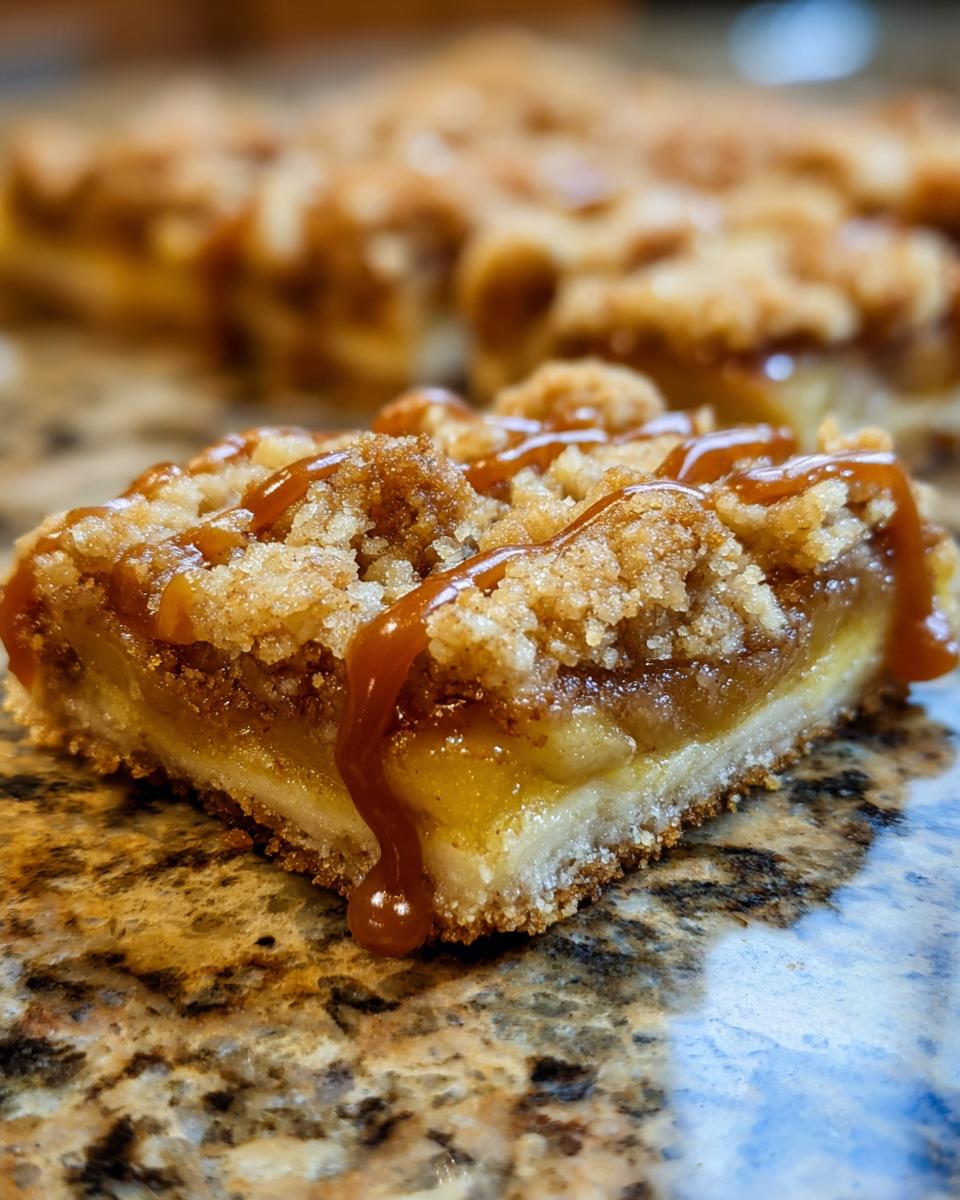 Close-up of a caramel apple pie bar with a crumbly topping and drizzled caramel sauce.