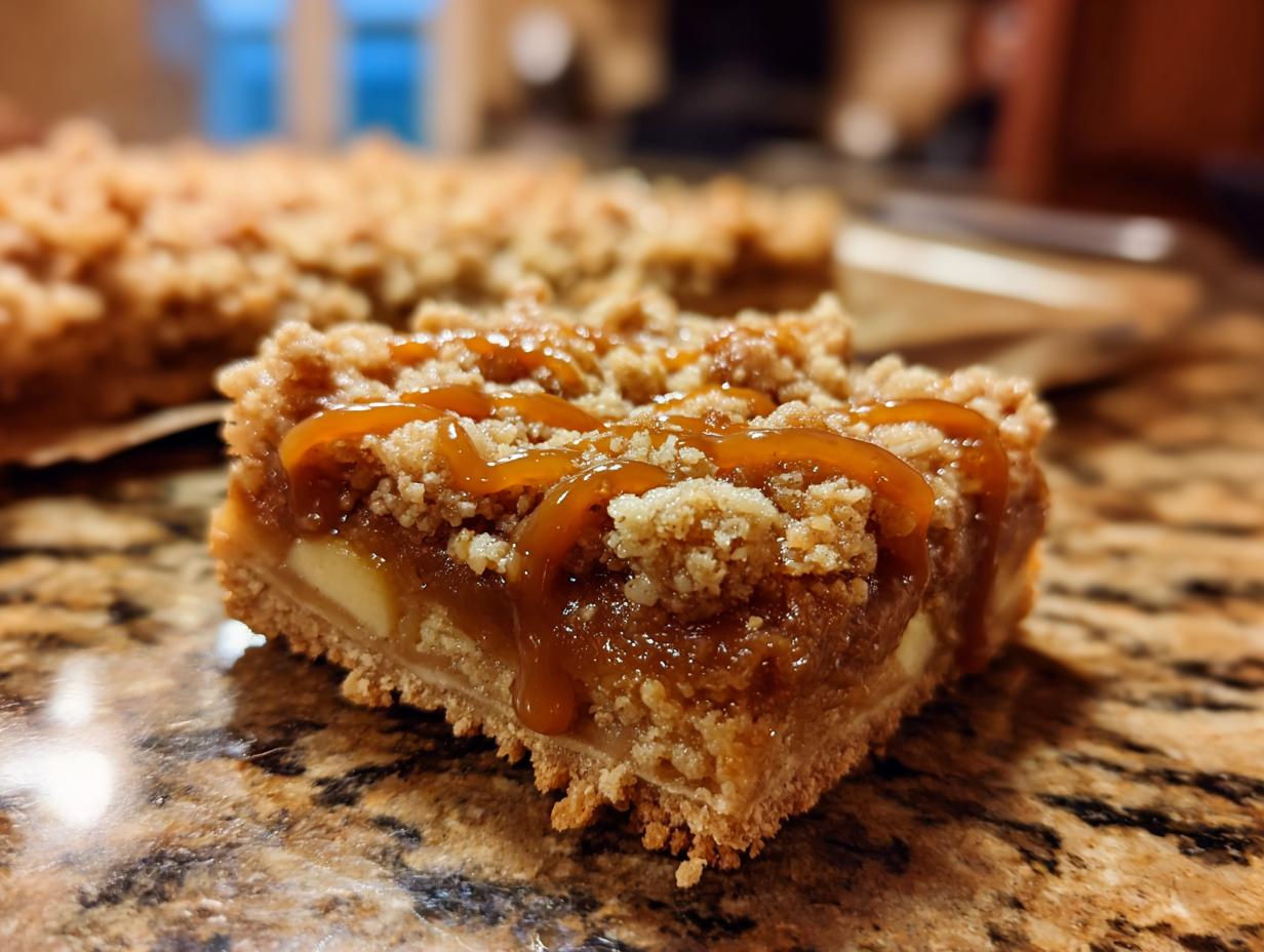 A close-up of a caramel apple pie bar, featuring a crumbly topping and a drizzle of caramel sauce.
