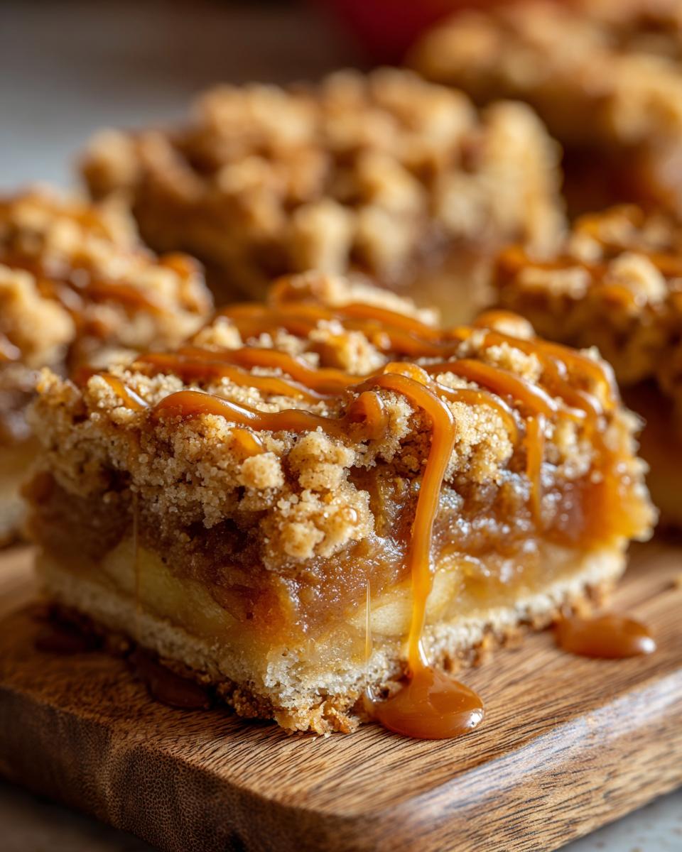 Close-up of a caramel apple pie bar with a crumble topping and caramel drizzle.