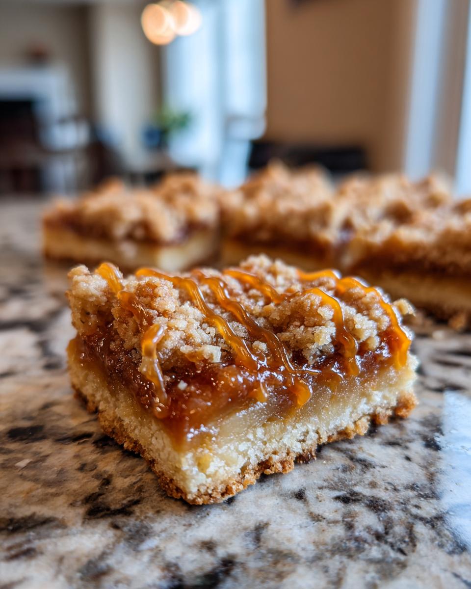 Close-up of a caramel apple pie bar with a crumb topping and caramel drizzle.