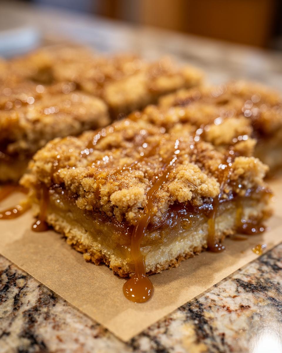 Close-up of a caramel apple pie bar with a crumb topping and a rich caramel drizzle.