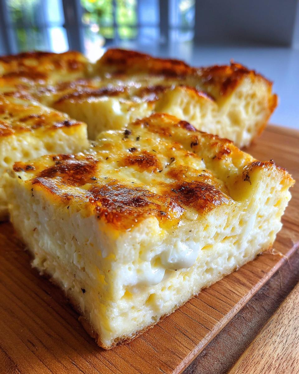 A close-up of a slice of cheese blintz casserole, showing a creamy interior and golden-brown baked top.