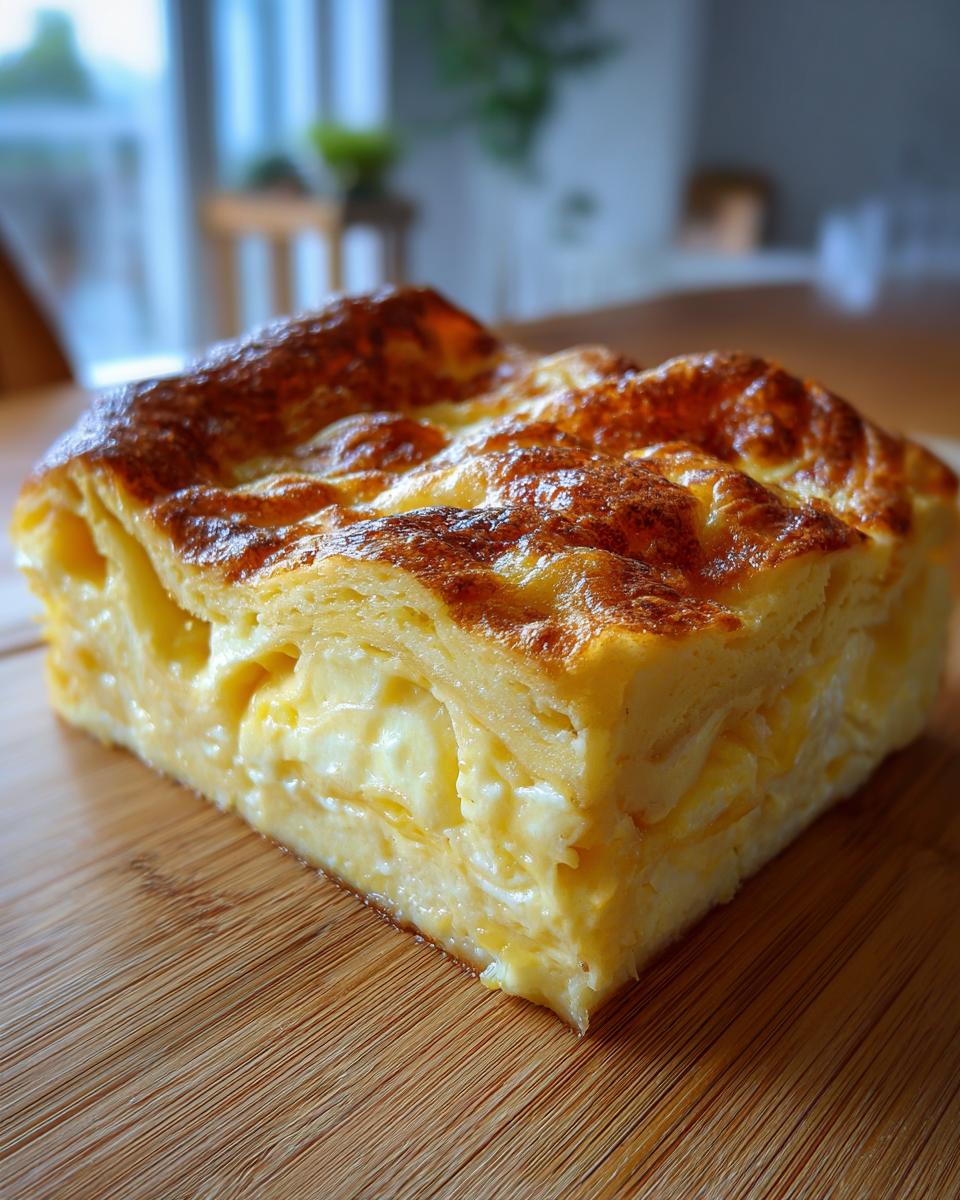 A golden-brown slice of cheese blintz casserole with layers of creamy cheese filling.