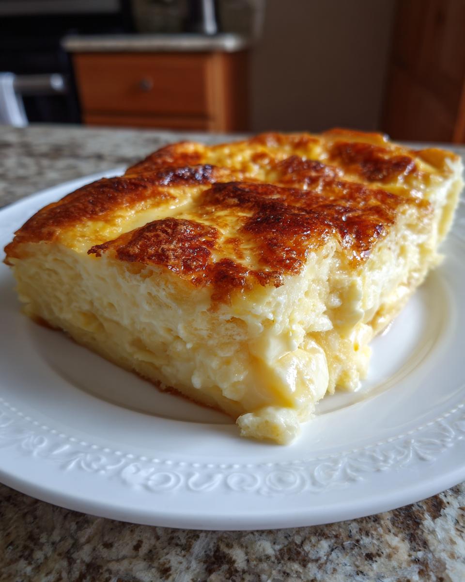 A close-up of a slice of golden-brown cheese blintz casserole on a white plate.