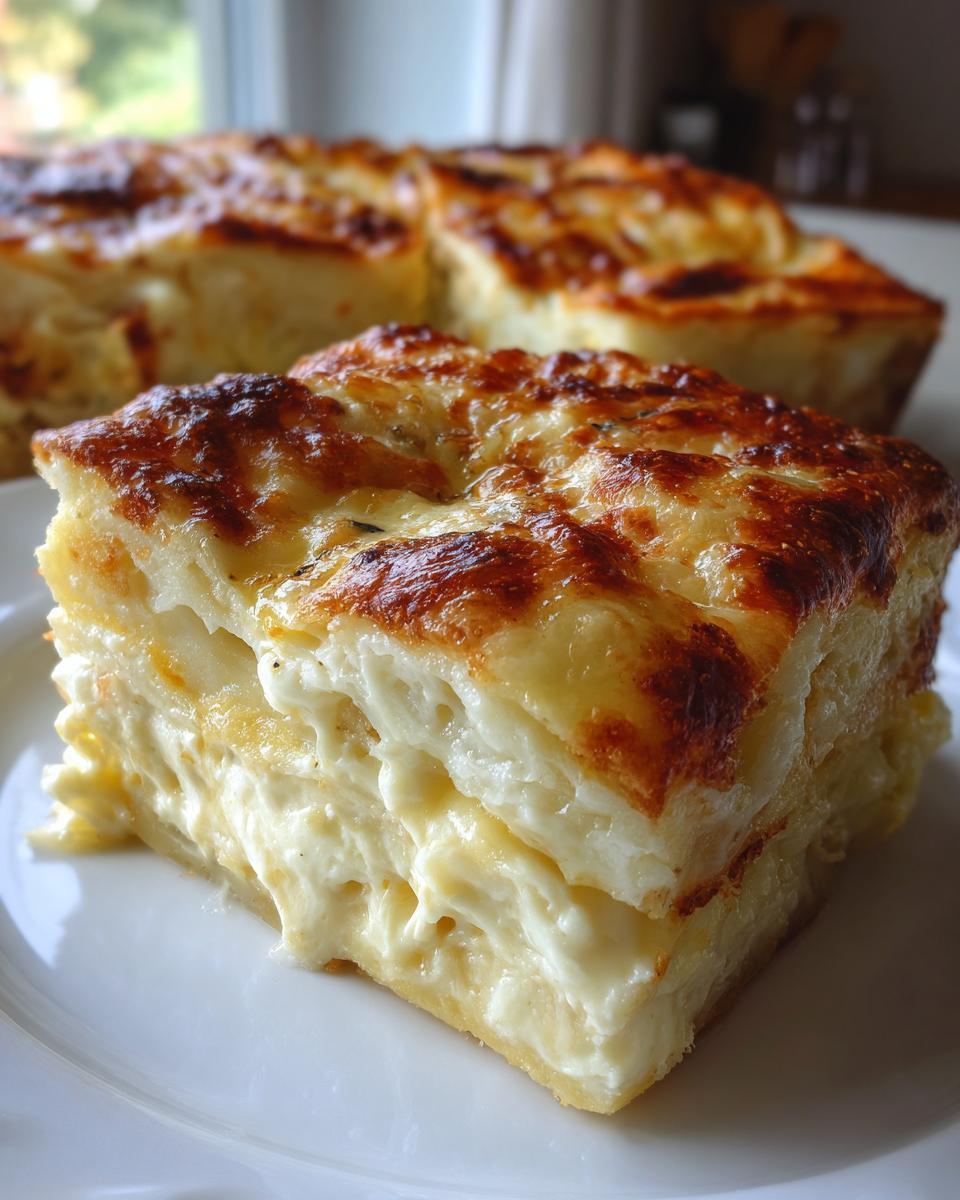 A close-up of a slice of cheese blintz casserole, showcasing layers of creamy filling and golden-brown baked cheese topping.