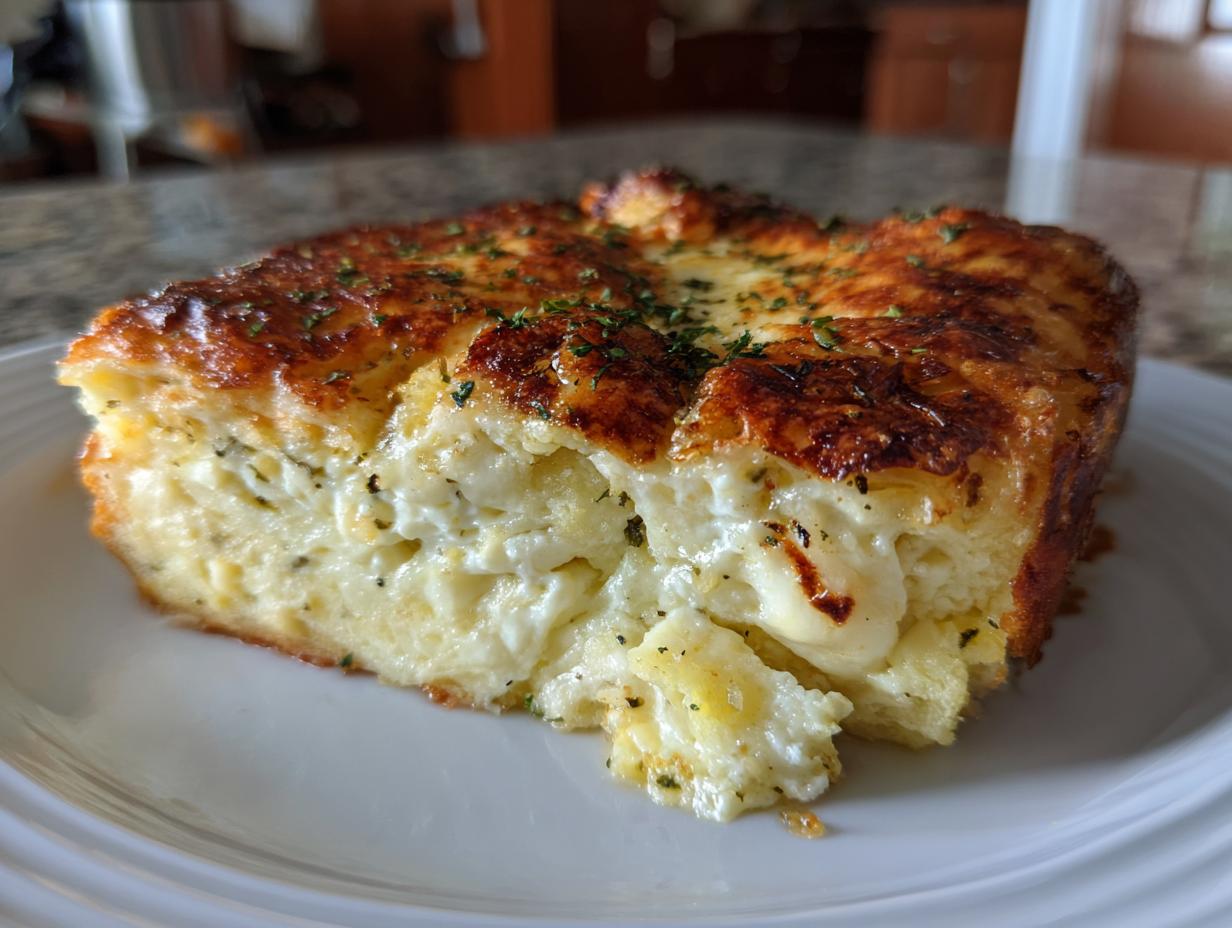 A close-up of a slice of cheese blintz casserole on a white plate, with a golden-brown cheesy top and fluffy interior.