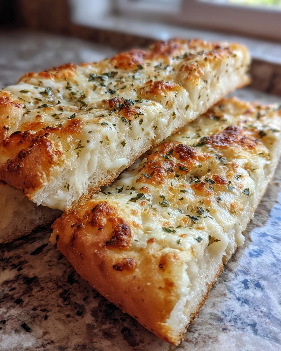 Close-up of two cheesy garlic breadsticks, topped with melted mozzarella and sprinkled with parsley.