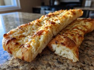 Close up of golden brown cheesy garlic breadsticks with visible herbs and melted cheese.