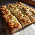 Close-up of golden brown cheesy garlic breadsticks topped with herbs, showcasing a delicious pull.