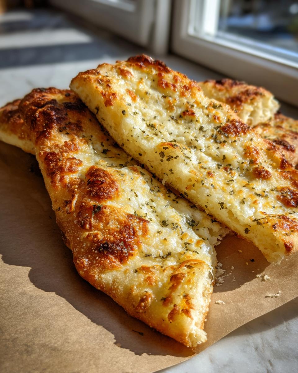 Close-up of golden brown cheesy garlic breadsticks topped with herbs, showcasing a delicious pull.