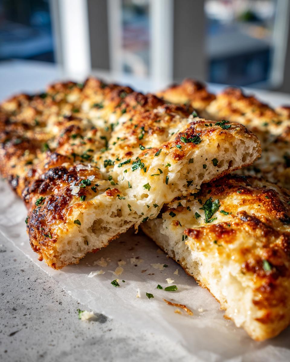 Close-up of golden brown cheesy garlic breadsticks, sprinkled with fresh parsley, with one piece broken to show the fluffy interior.