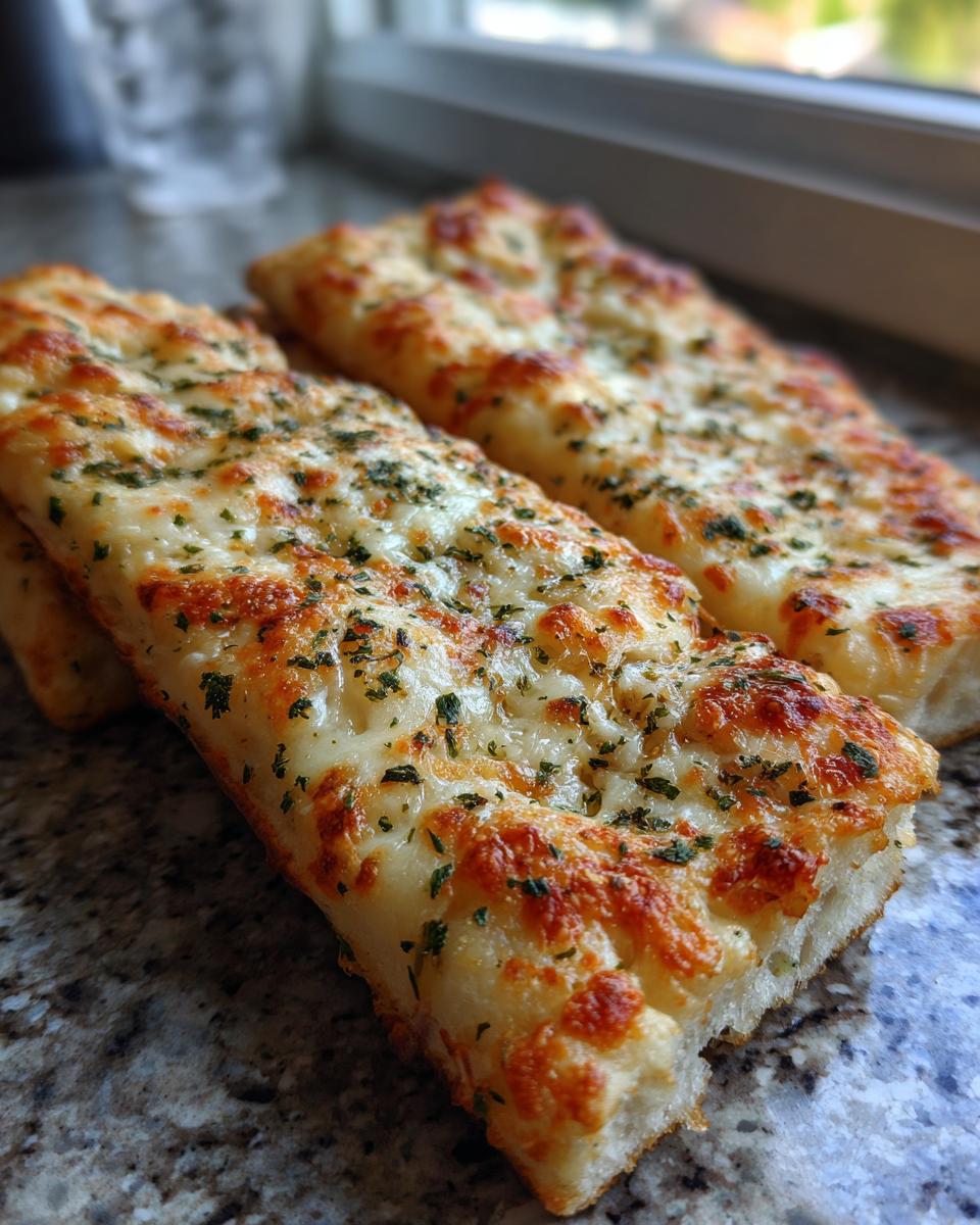 Close-up of golden brown cheesy garlic breadsticks topped with fresh parsley.