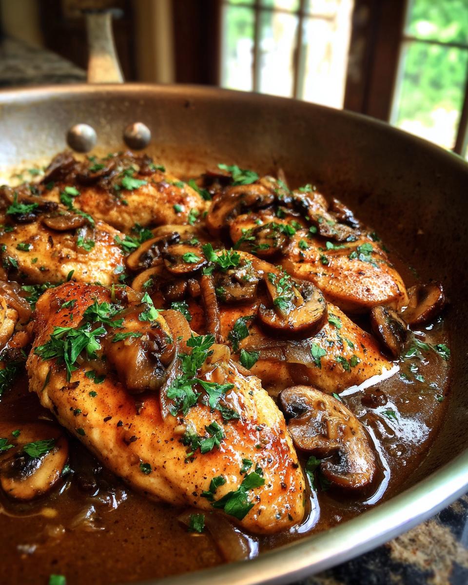 Close-up of pan-fried chicken breasts in a rich Marsala wine and mushroom sauce, garnished with parsley.