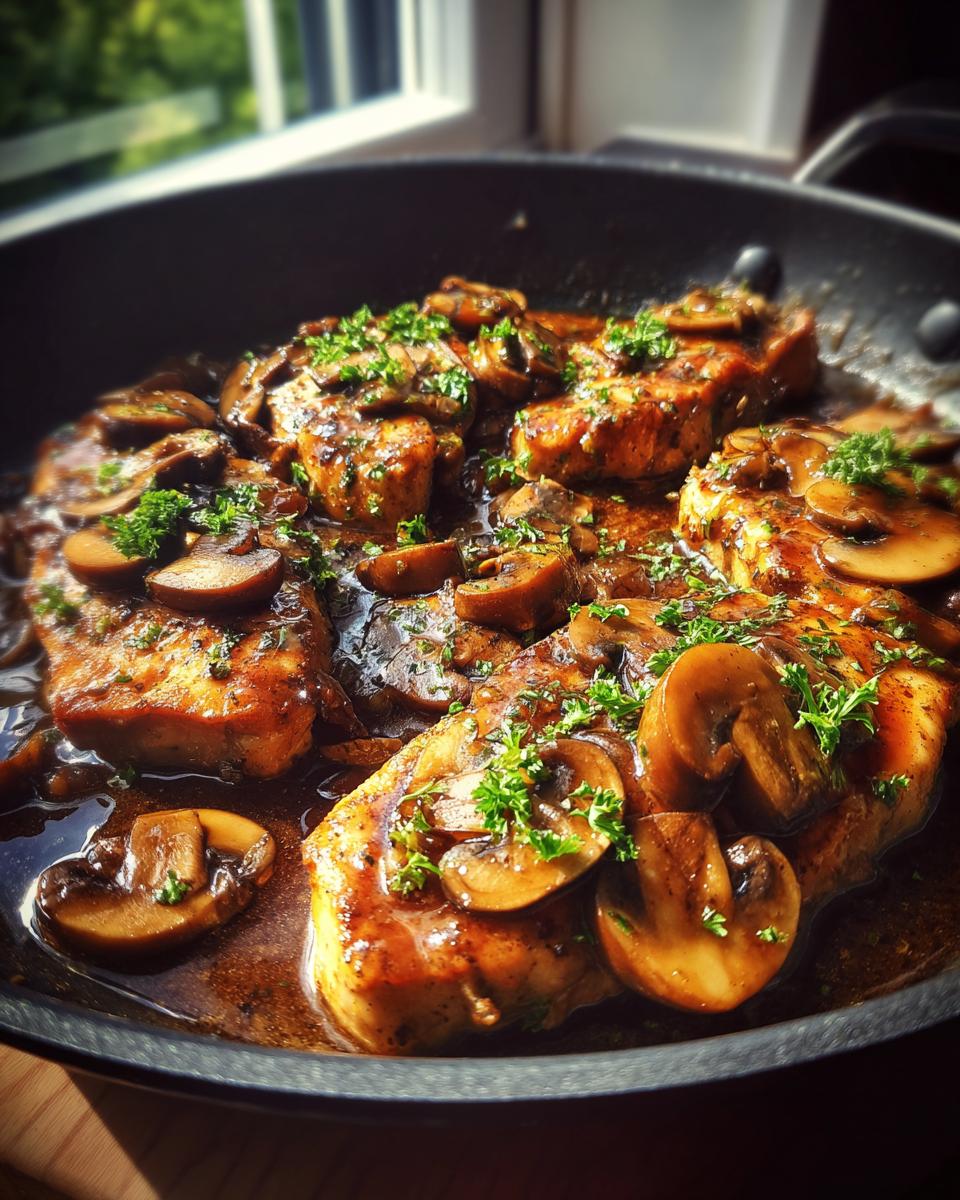Close-up of tender chicken marsala pieces in a rich mushroom sauce, garnished with fresh parsley.