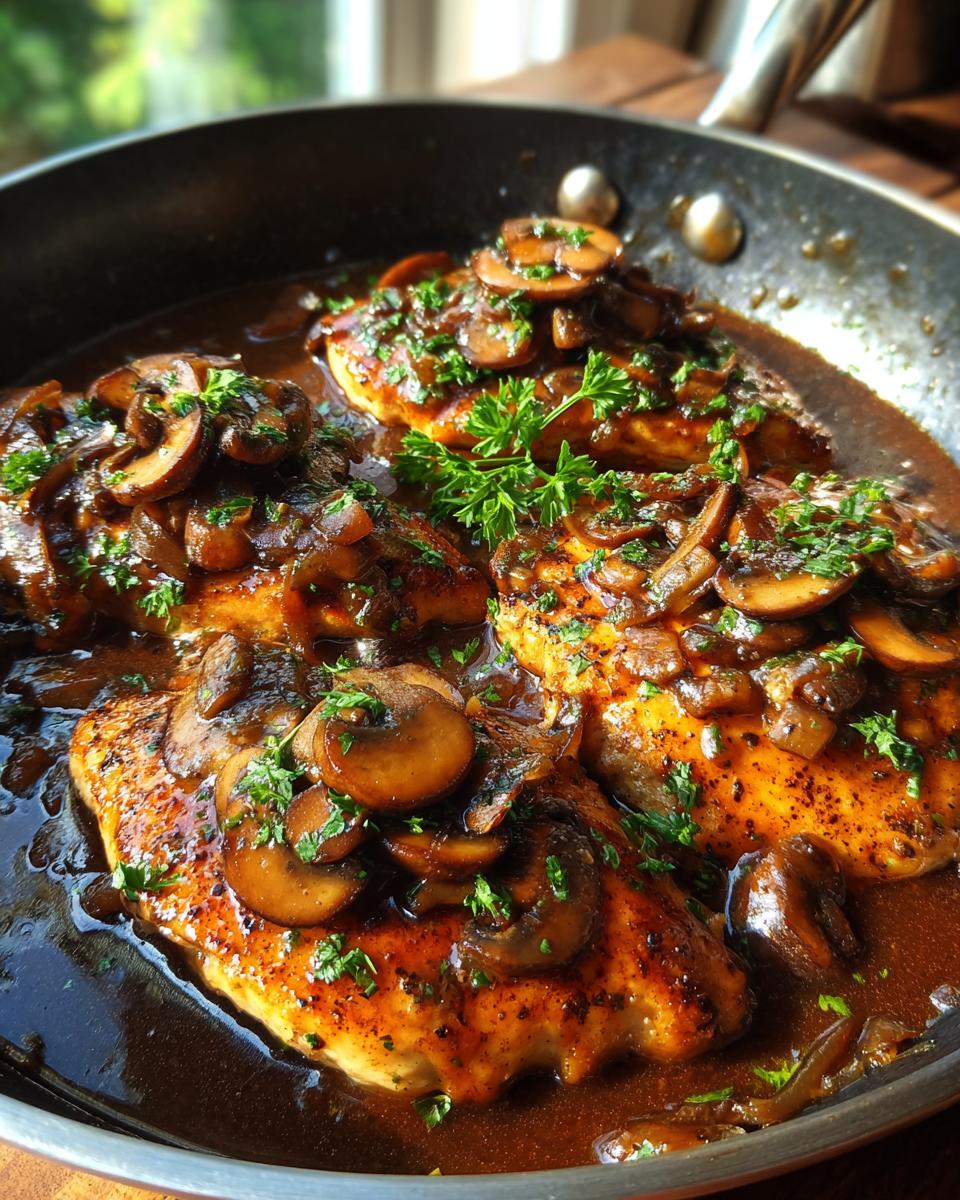 Close-up of pan-seared chicken breasts smothered in a rich Marsala wine sauce with sautéed mushrooms and fresh parsley.