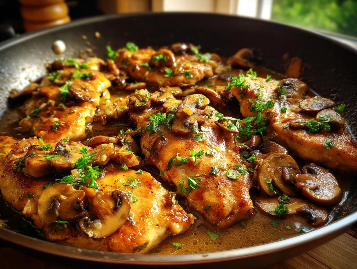 Close-up of pan-fried chicken marsala with sautéed mushrooms and fresh parsley.