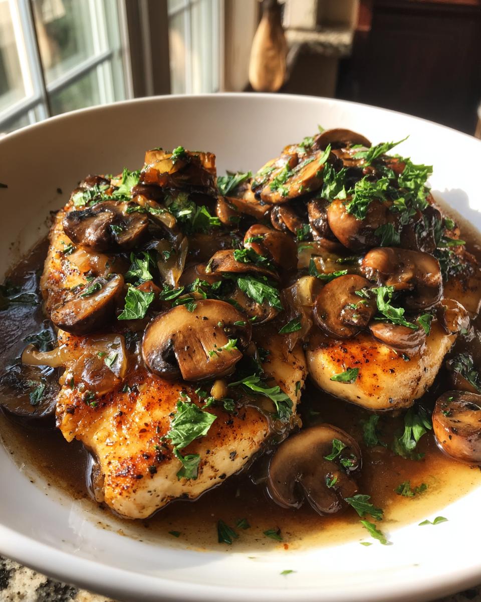 A close-up of tender chicken marsala topped with sautéed mushrooms and fresh parsley.