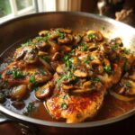 Close-up of pan-seared chicken marsala with mushrooms and onions in a rich sauce, garnished with parsley.