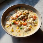 A close-up of a bowl of creamy chicken pot pie soup, filled with shredded chicken, carrots, peas, and corn.