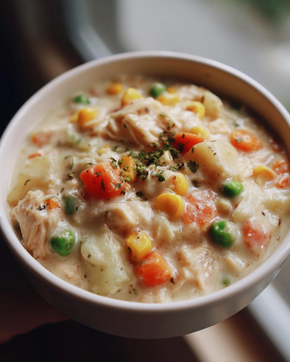 A close-up of a bowl of creamy chicken pot pie soup, filled with chicken, potatoes, carrots, peas, and corn, garnished with herbs.