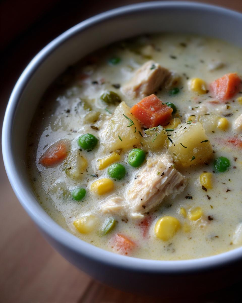 Close-up of a bowl of creamy chicken pot pie soup, filled with chunks of chicken, peas, carrots, corn, and potatoes.