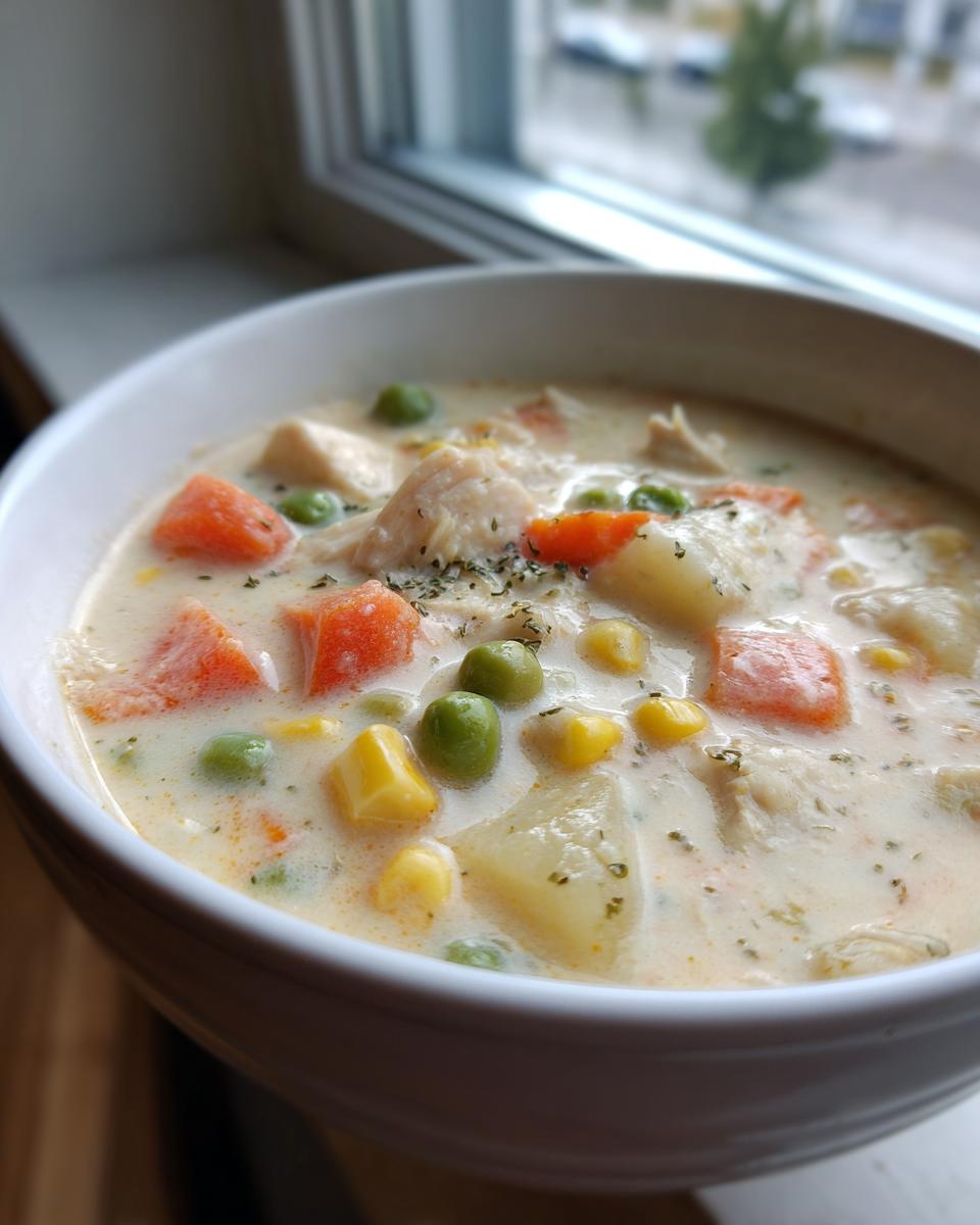 A close-up of a bowl of creamy chicken pot pie soup filled with chicken, carrots, peas, corn, and potatoes.