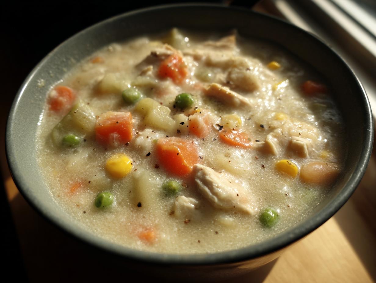 A close-up of a bowl of creamy chicken pot pie soup, filled with chicken, peas, carrots, and corn.