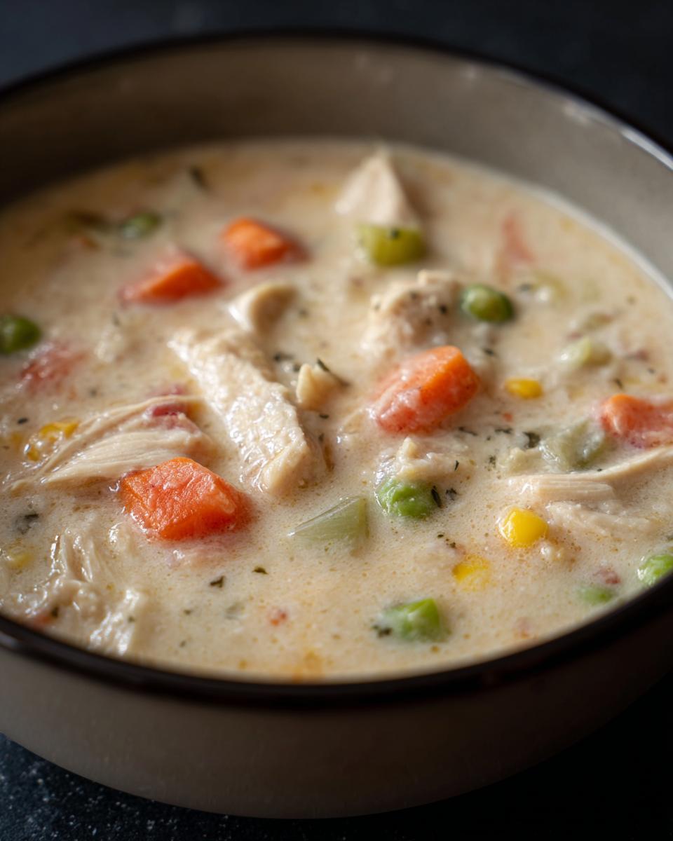 A close-up shot of a bowl of creamy chicken pot pie soup, filled with chicken, carrots, peas, and corn.