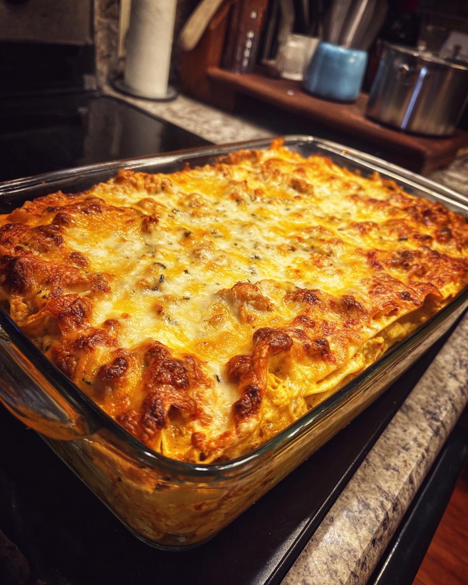 A golden brown, bubbly chicken tortilla casserole in a glass baking dish, freshly baked and ready to serve.