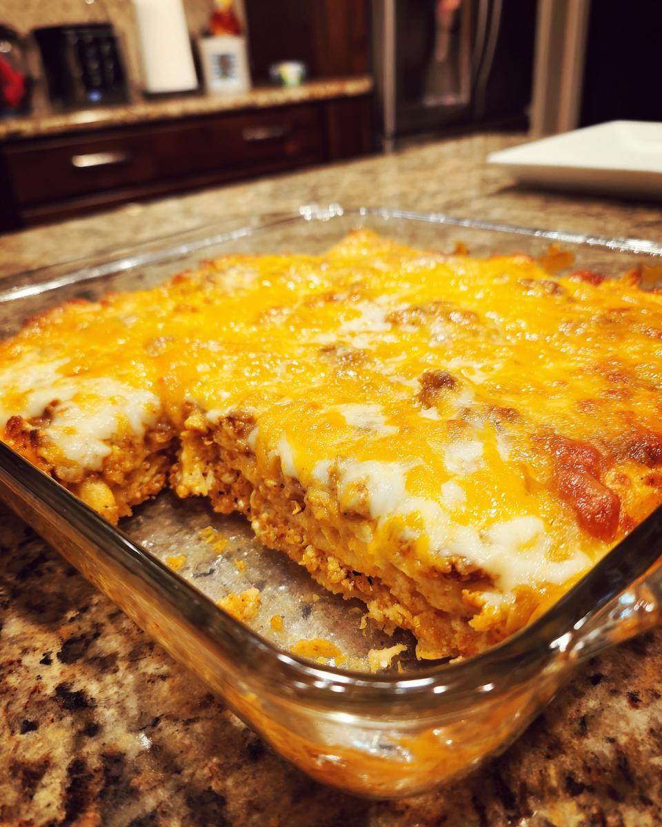 A close-up view of a freshly baked Chicken Tortilla Casserole in a glass baking dish, topped with melted cheese.