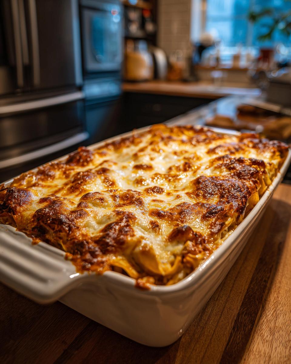 A freshly baked chicken tortilla casserole with a golden brown, bubbly cheese topping in a white ceramic baking dish.