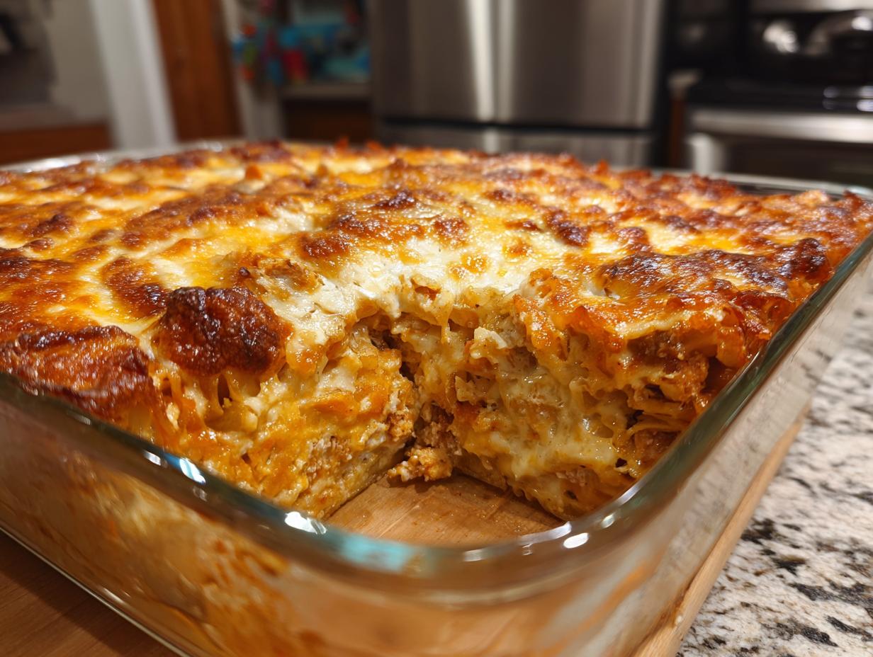 A close-up view of a golden brown chicken tortilla casserole, bubbling with melted cheese, in a glass baking dish.