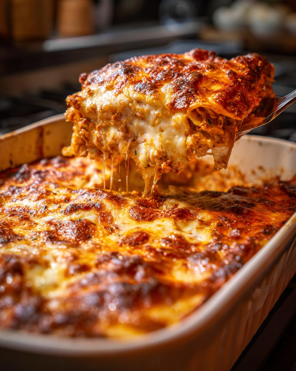 A serving spoon lifts a cheesy slice of Chicken Tortilla Casserole from a baking dish.