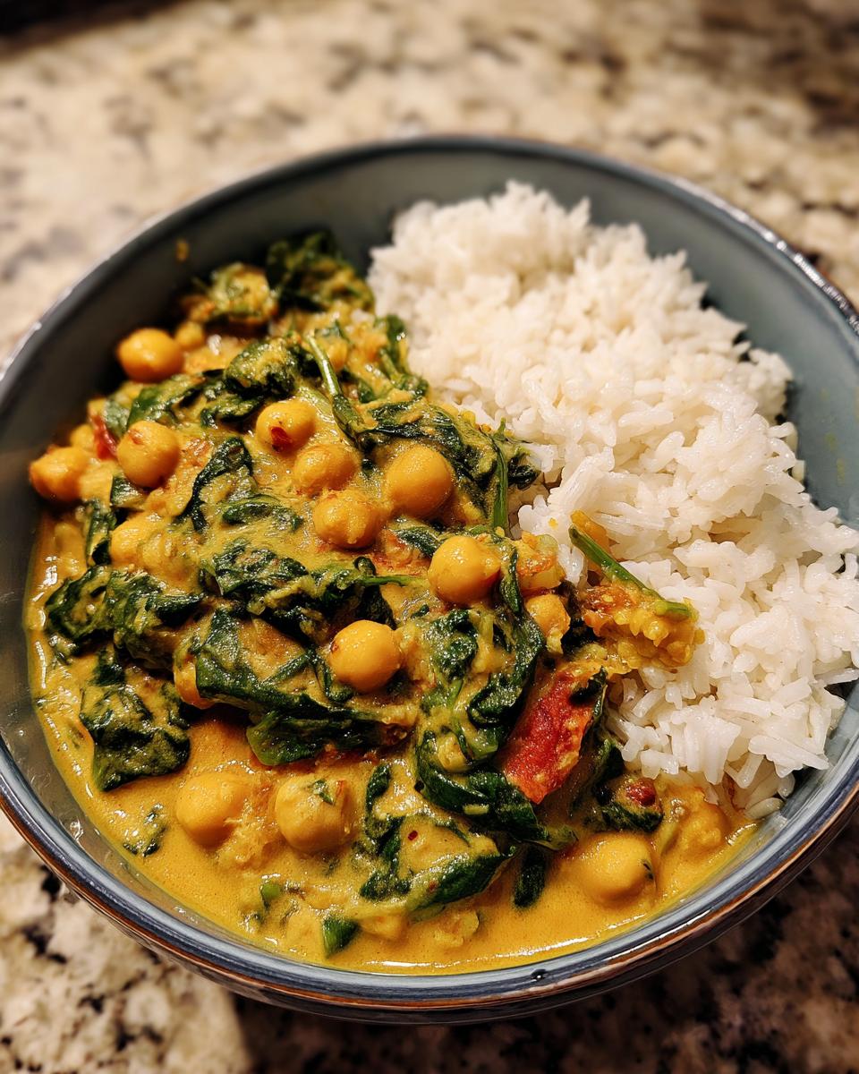 A bowl of creamy chickpea coconut curry served with fluffy white rice.