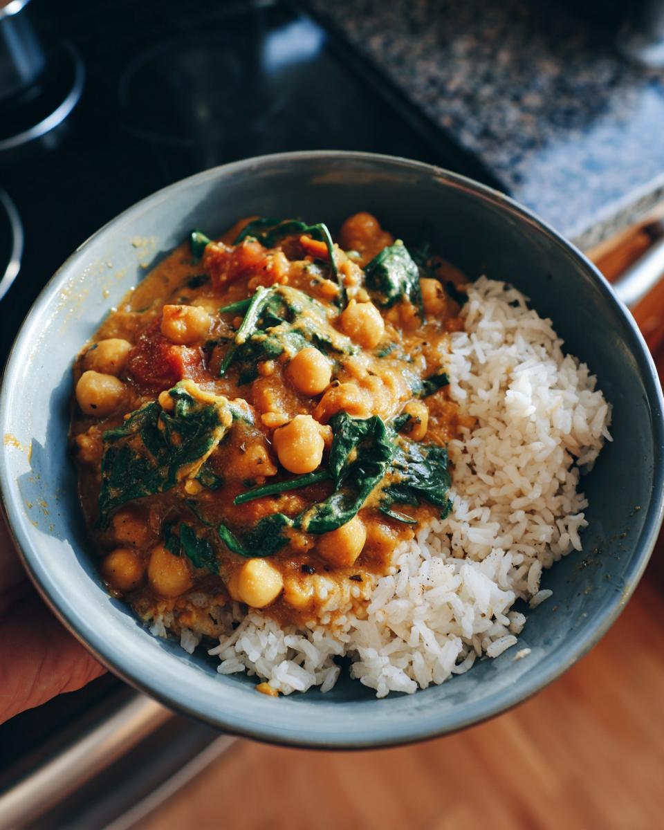 A close-up of a bowl of chickpea coconut curry served with fluffy white rice.