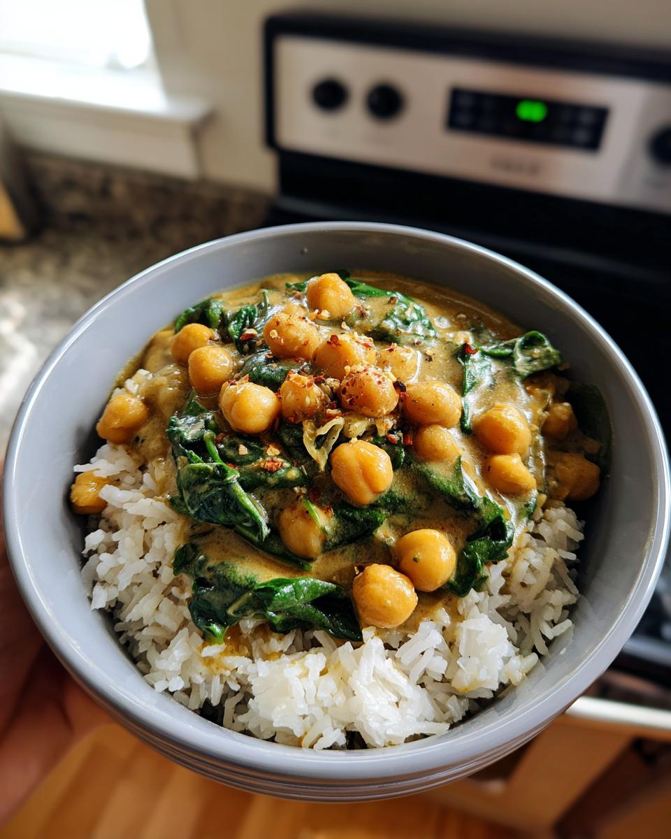A bowl of fluffy white rice topped with a creamy chickpea coconut curry and fresh spinach, sprinkled with red pepper flakes.