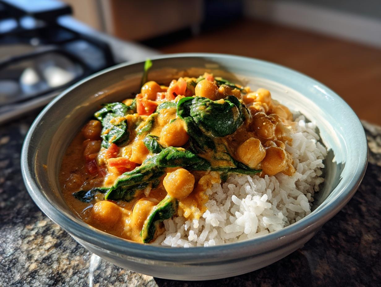 A close-up of a bowl filled with fluffy white rice topped with a vibrant chickpea coconut curry, featuring chickpeas, spinach, and tomatoes.