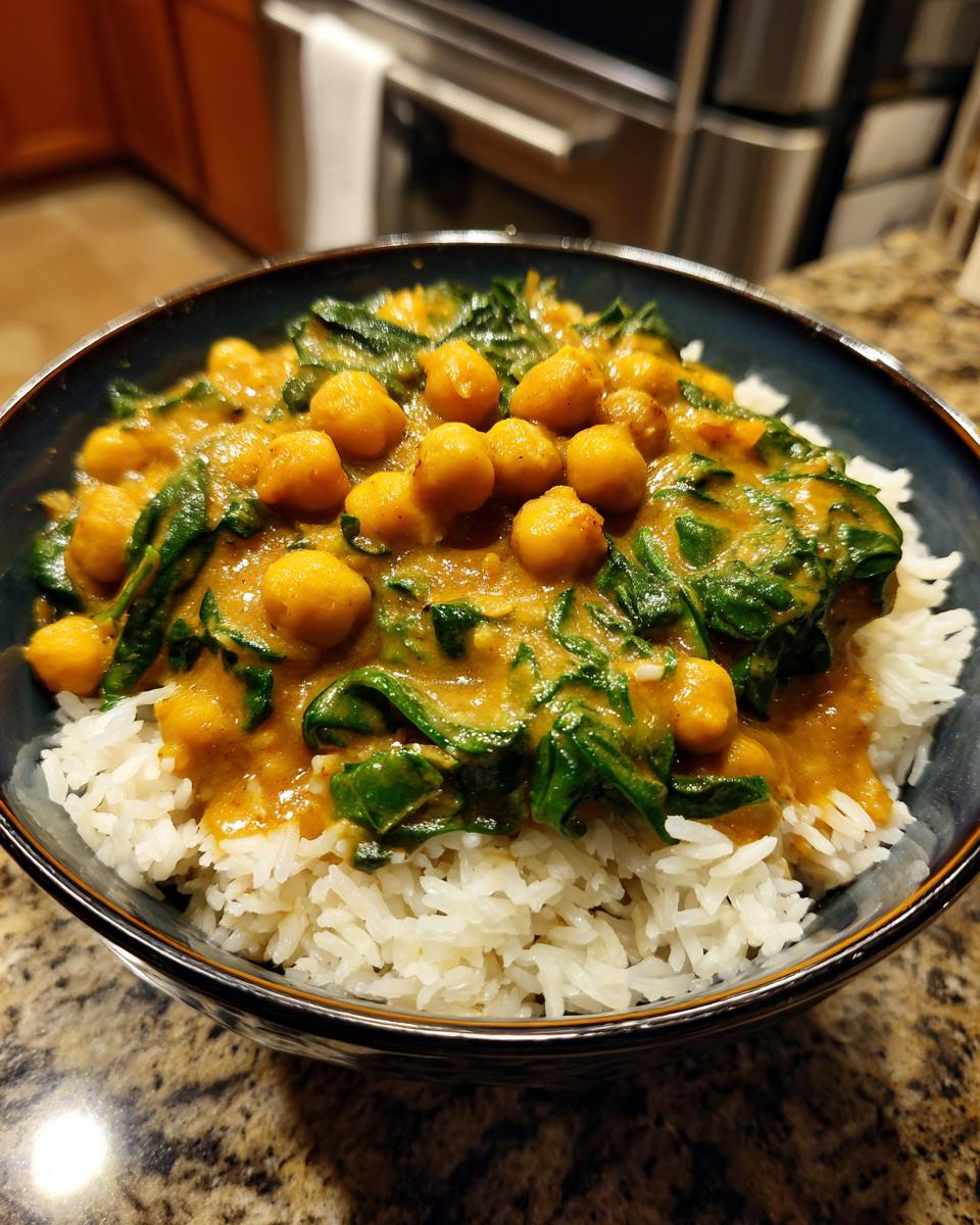 A close-up of a bowl filled with fluffy white rice topped with a vibrant chickpea coconut curry and fresh spinach.