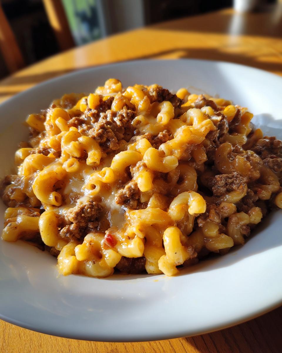 A close-up of a white bowl filled with hearty Chili Mac and Cheese, featuring elbow macaroni and seasoned ground beef.
