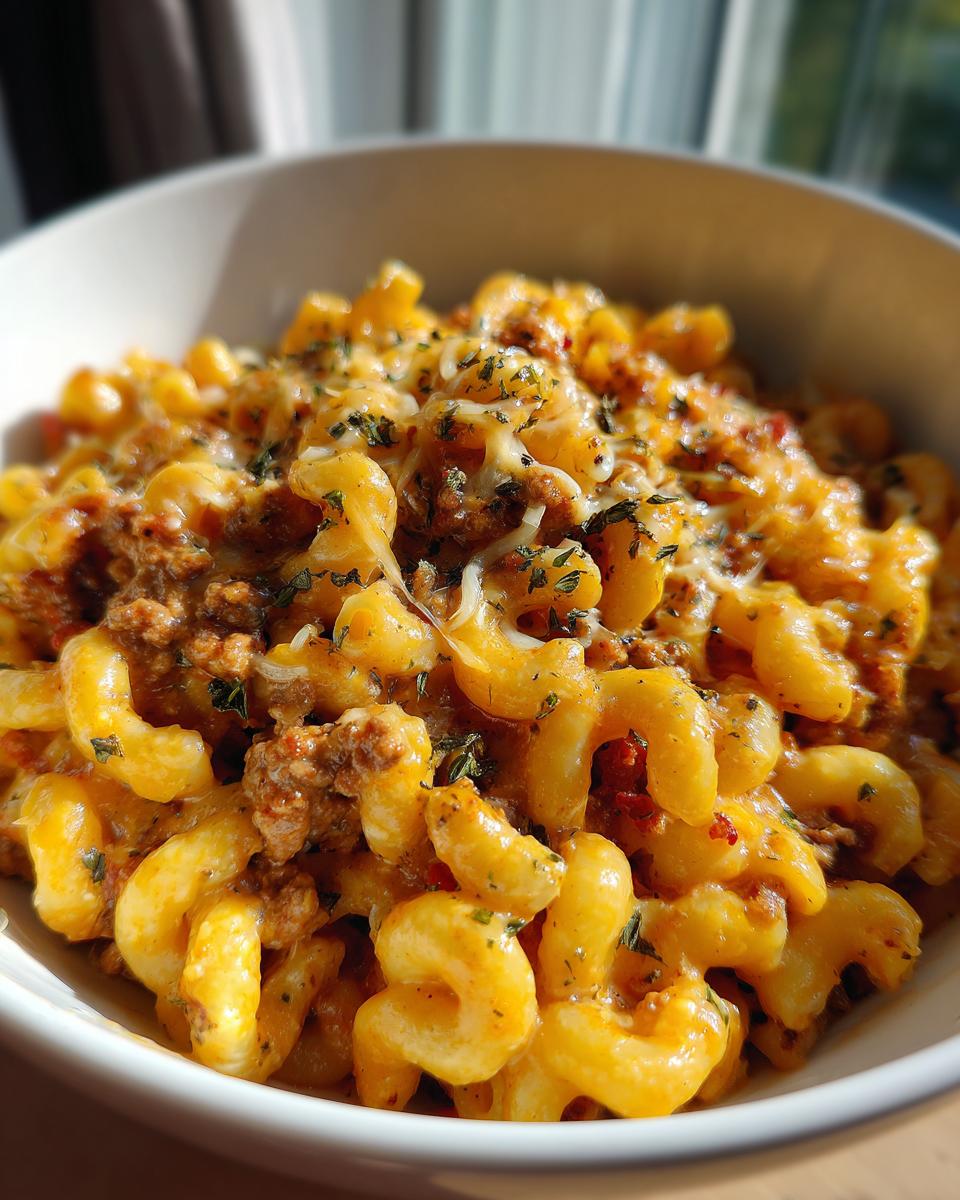 A close-up shot of a bowl filled with creamy Chili Mac and Cheese, topped with melted cheese and herbs.