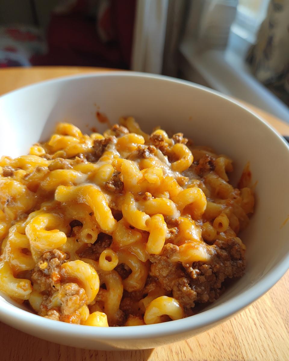 A close-up of a bowl filled with delicious Chili Mac and Cheese, featuring elbow macaroni, seasoned ground beef, and melted cheese.