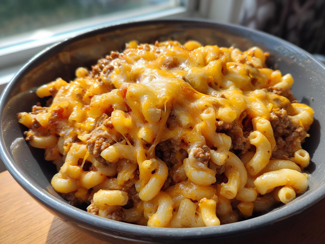 A close-up shot of a bowl filled with hearty Chili Mac and Cheese topped with melted cheddar.