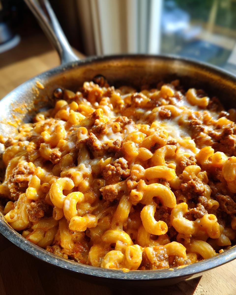 A close-up of a skillet filled with cheesy Chili Mac and Cheese, featuring elbow macaroni and seasoned ground beef.