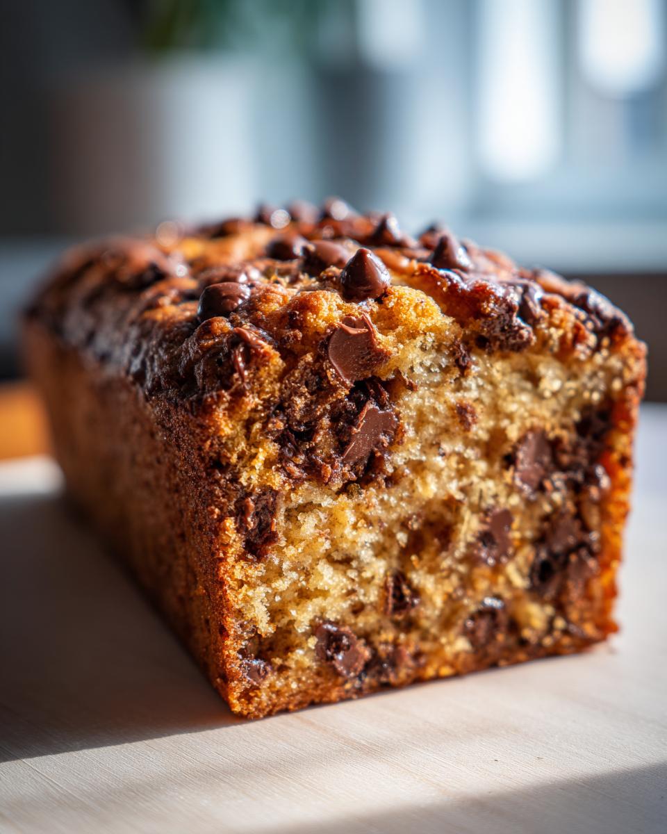 A close-up of a moist chocolate chip banana bread loaf, showcasing melted chocolate chips throughout.