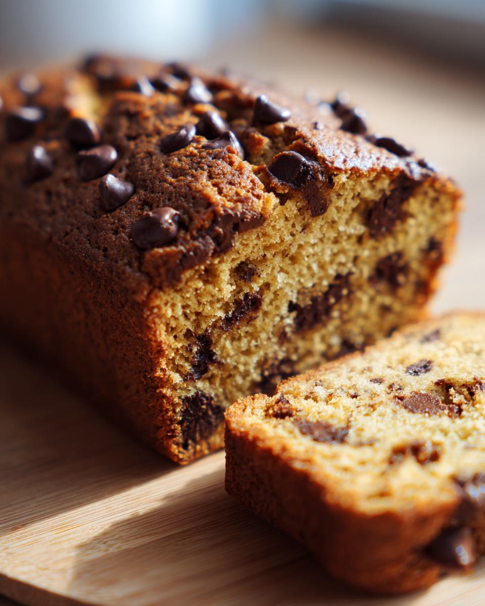 A close-up of a moist chocolate chip banana bread loaf with a slice cut and placed in front.