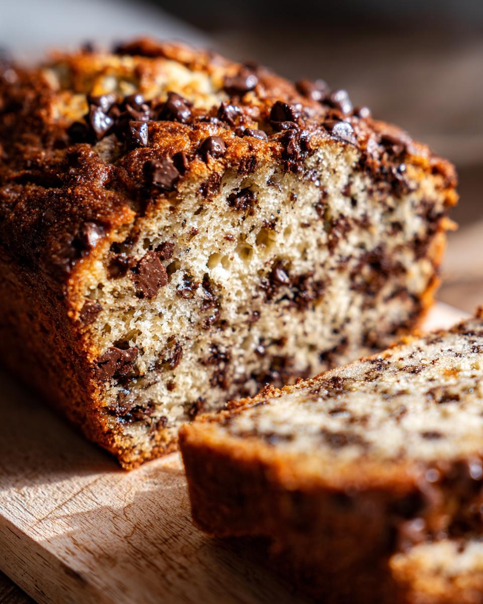 A close-up of a moist chocolate chip banana bread loaf with a slice cut, showing abundant chocolate chips.